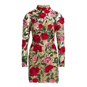 Oscar de la Renta Red and Pink Floral Long Sleeve Dress